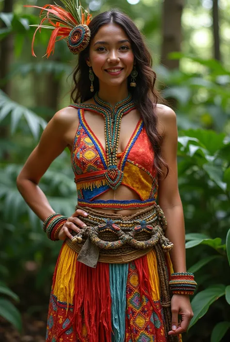 Make me images of a typical Amazonian costume, That is, clothing worn by indigenous people, one for women and one for men, but made from recycled materials.