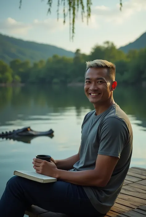 (photo: 1.3) of (photorealistic: 1.3), male , soft light, facial focus, (happy), long distance photo, wide angle portrait, whole body, Indonesian handsom guy with (Buzz Cut blonde grey hair), duduk di dermaga read a book dan minum kopi, read a book, sit ba...