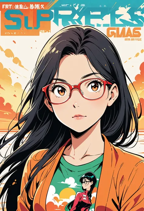 girl with glasses, series, Black hair, long hair, wearing glasses, manga style, super series, manga cover