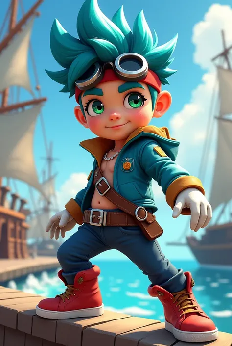 A boy with green eyes and blue spiky hair, has red sneakers and his iconic white gloves, with dark blue carbon pants and a lighter blue jacket, where there is a white line in the middle of the jacket, with aviation goggles on his forehead. This boy is a pi...