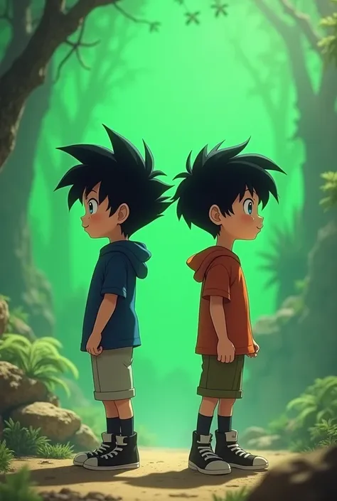  Deux Frere jumeau de 6 an cheveux noir et court , front and back , green screen , style dragon ball et zelda