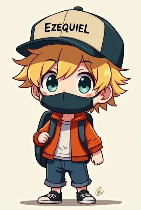 Small male anime with blond hair and a mask and cap with the name Ezequiel written on it and a backpack on his back