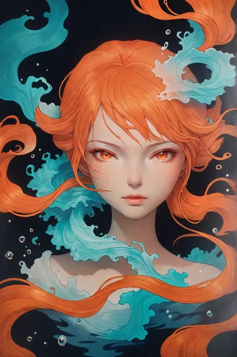 Colorful Abstract Art of Ink Forming a portrait of Nami, (Nami), orange eyes, orange hair, Lighting, Sub-Surface Scatterring, Glow, Award-winning Underwater Ink Art by Alberto Seveso, japanese anime, realistic, surreal, 