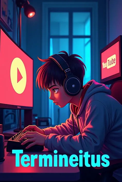 Create me a Gamer boy playing and that on the sides has the logo of tik Tok and YouTube and that is in a gamer room and that below says TERMINEITUS