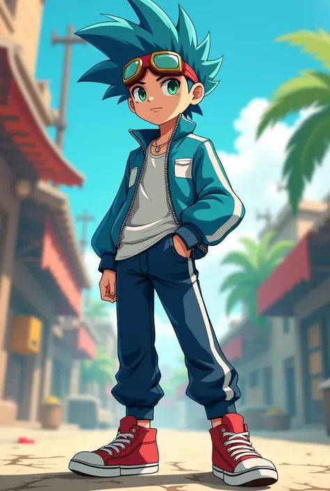 A boy with green eyes and blue spiky hair, has red sneakers and his iconic white gloves, with dark blue carbon pants and a lighter blue jacket, where there is a white line in the middle of the jacket, with aviation goggles on his forehead. This boy is a pi...