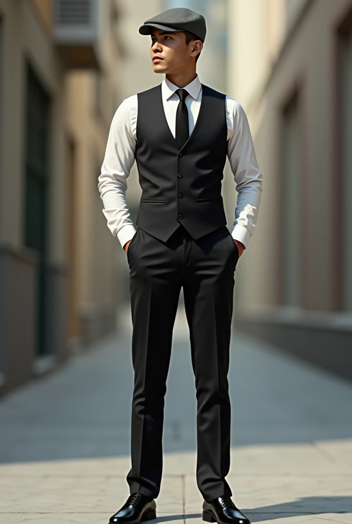 A  Filipino( not cartoon ) manwearing black shoes, black trousers,black vest,black tie,white long sleeves, gray vintage flat cap