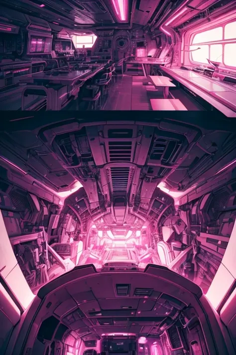 organic-shaped sci-fi engine inside engine bay, organic-looking machinery, detailed interior of a futuristic spaceship, pink and white color palette, dramatic lighting, intricate machinery, glowing panels, metal textures, high-tech, cinematic, hyper-detail...