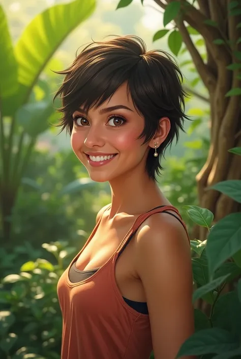 Garden with trees in the background, 40 year old Venezuelan woman, Short hair that beat cancer smiles looking at the camera, Dressing casual and cool 
