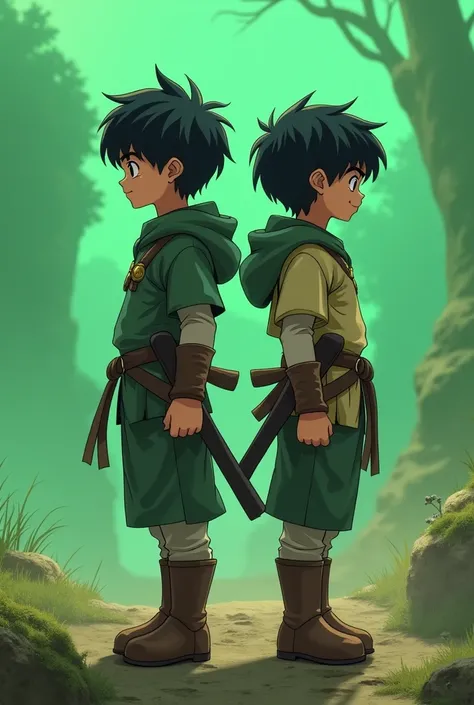  Deux Frere jumeau de 6 an cheveux noir et court , front and back , green screen , style dragon ball et zelda