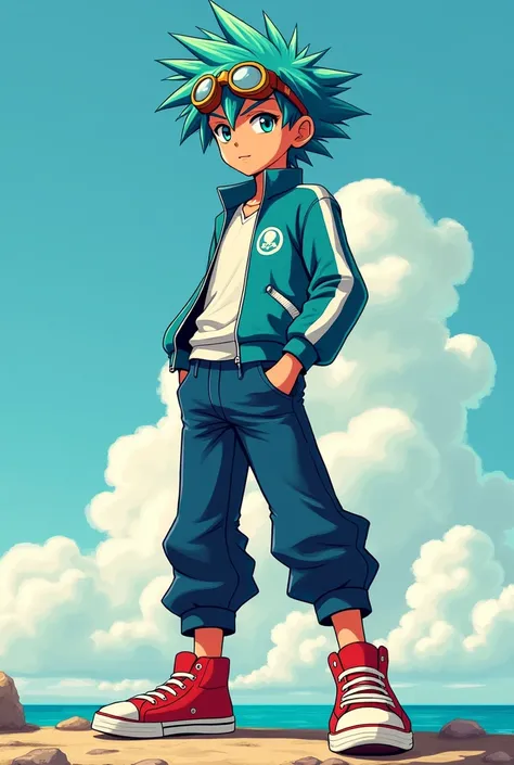 A boy with green eyes and blue spiky hair, has red sneakers and his iconic white gloves, with dark blue carbon pants and a lighter blue jacket, where there is a white line in the middle of the jacket, with aviation goggles on his forehead. This boy is a pi...