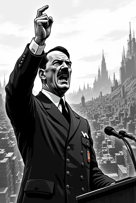 Black and white WWII cartoon.
Where you see Hitler giving a speech where you see an entire city in front of him but behind him you see a desolate and apocalyptic landscape on the side.