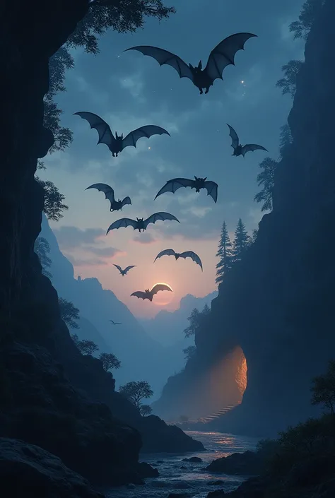 The night sky is getting dark. A group of bats are flying back to the cave after a night of hunting. 