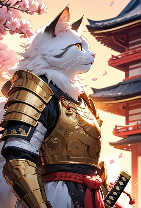 Upper body close-up（((masterpiece), on)"A majestic cat samurai stands tall, wearing intricately detailed armor and holding a sharp katana. The background features an ancient Japanese temple with cherry blossoms in full bloom, their petals drifting in the b...