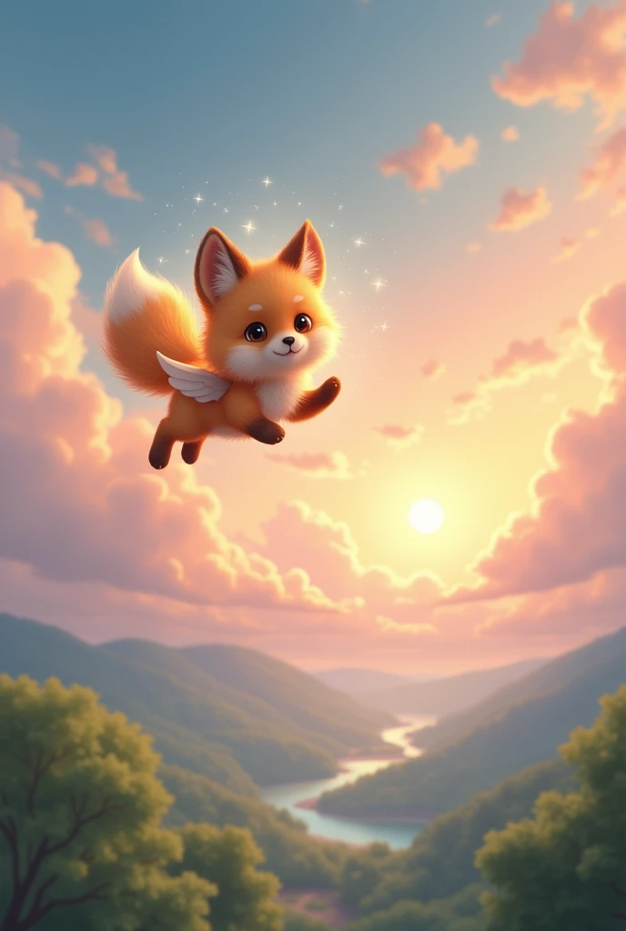 A highly realistic scene with a cute, fluffy fox with big, sparkling eyes, flying through the sky. The fox has soft, golden-red fur and small, graceful wings, with a playful and innocent expression. It is being gently guided by a divine figure, who is surr...