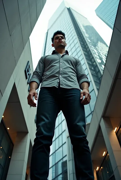 full body photo of a handsome Asian man standing under an urban building. The camera angle is taken from bottom to top. You can see the text "editin kak" on a building