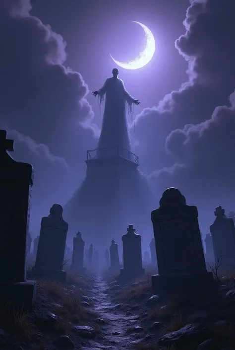 cemetery, night, pale light and crescent moon clouds in purplish blue tone, from the graves the dead rise, strong and relentless, living people being dragged into graves