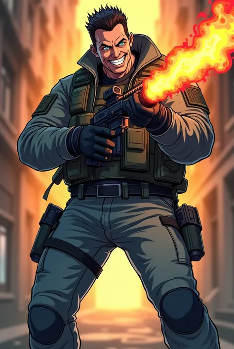 2,
Male, has slicked up brunette hair, 
wears a gray tactical jacket with utility pants and boots,  he has heterochromia left eye light blue and right eye brown, 
hes 62 and has a stocky build.

Terrorist,
Psycho smile,
Holding a flamethrower 


Anime styl...