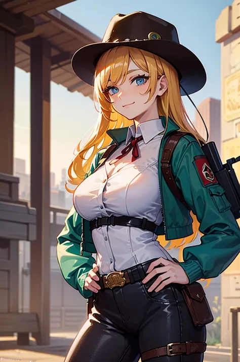 Face through torso, 1girl, dieselpunk, curvy, long hair(golden hair), sky blue eyes, easygoing face, wearing a western-style cowgirl outfit with futuristic cyberpunk elements, such as a high-tech radar device on her belt, wearing a classic cowboy hat, eyes...