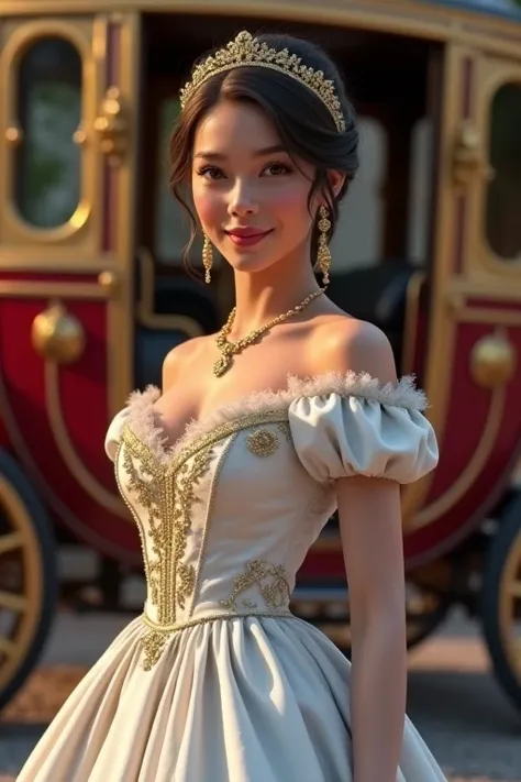 Two-horse carriage, beautiful carriage, Pick up at the palace, In front of the palace at night, In front of the carriage, at the viewer, English woman, Age: 20 years, brown hair, bun, beautiful brown eye, small smile (cup breasts stocking, slender whist, a...