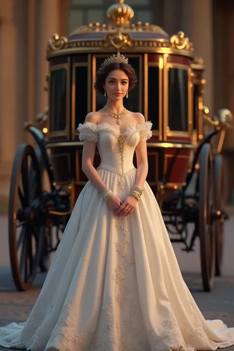 Two-horse carriage, beautiful carriage, Pick up at the palace, In front of the palace at night, In front of the carriage, at the viewer, English woman, Age: 20 years, brown hair, bun, beautiful brown eye, small smile (cup breasts stocking, slender whist, a...