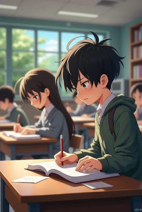 create for me the image of a boy and a girl at school, sitting studying, with the girls looking at her and focused on their studies, with other people in the scene, them as protagonists, but far from each other, without being a couple, at different tables 