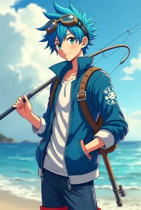 A boy with green eyes and blue spiky hair, has red sneakers and his iconic white gloves, with dark blue carbon pants and a lighter blue jacket, where there is a white line in the middle of the jacket, with aviation goggles on his forehead and a fishing rod...