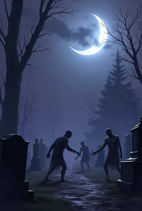 cemetery, night, pale light and crescent moon clouds in purplish blue tone, from the graves the zombies rise, strong and relentless, living people being dragged into graves