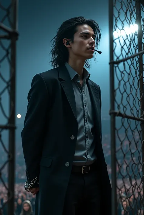 artwork best quality realistic image handsome american male teenager long black hair light skin wearing black closed overcoat with hanging chains, gray button-down shirt and black pants. He is inside a cage, handcuffed with his arms behind his back and wea...