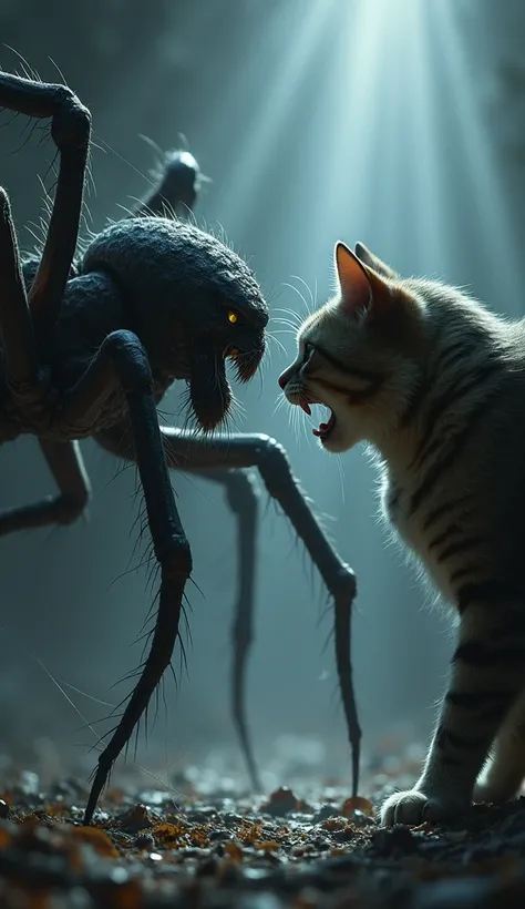 A spider and a ferocious cat