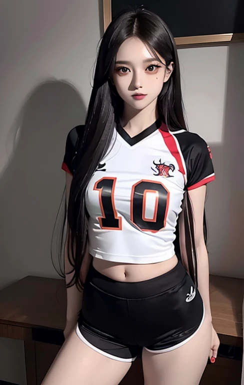 Woman with long hair straight, football jersey 84 in shirt, high detailed, realistic, ultra realistic, football skin t shirt and ((football short pant)), black color shirt football skin shirt , ((red eyes)), tattoo arm, ((right arm tattoo)), dragon tattoo ...