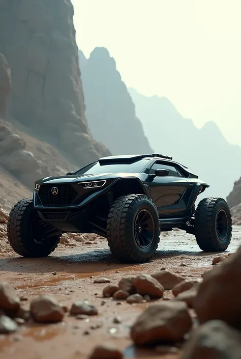 Create a car of the future, with giant wheels and great suspension for rocky planet. He is black.