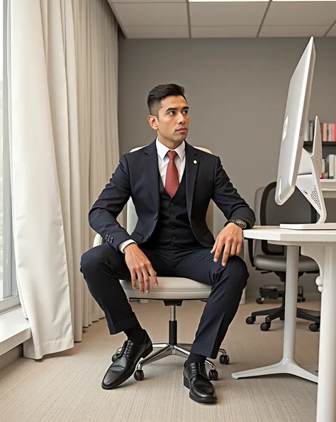 The person in the picture who is sitting at a computer in another suit, It has to look very real 