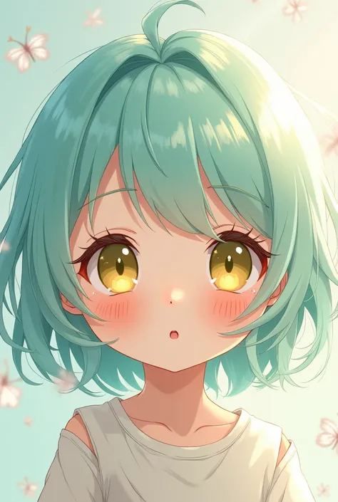 A young anime child with light teal hair and yellow eyes 