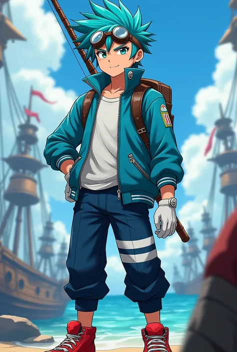 A boy with very green eyes and blue spiky hair, has red sneakers and his iconic white gloves, with dark blue carbon pants and a lighter blue jacket, where there is a white line in the middle of the jacket, with aviation goggles on his forehead and a fishin...