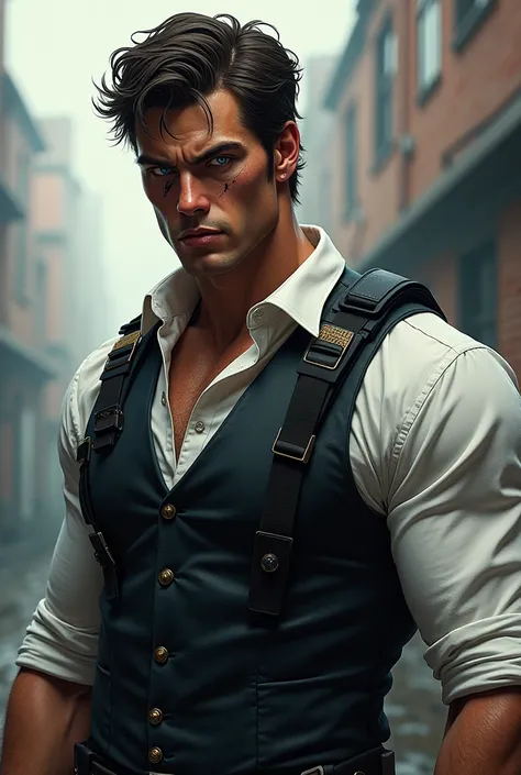 5,
Male,
short wavy brunette hair, 
left eye light blue,
right eye brown. 
Scar on left eye,
Terrorist,
he wears a white dress shirt and charcoal waistcoat with black tactical vest, 
66 and has beefy, muscular build