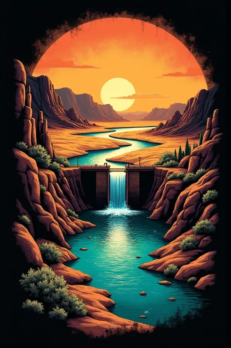 make me a black background shirt with a wild west theme, that has an oasis in the middle of the desert, with a river of clean and beautiful water trapped in a dam 