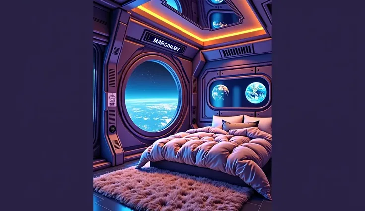 Spaceship bedroom with a cozy bed covered in a soft duvet, voluminous and ultra comfortable and several pillows on the bed that is seen from the side and has a panoramic window on its side with a view of the Earth, cyberpunk style, Dramatic and dark lighti...