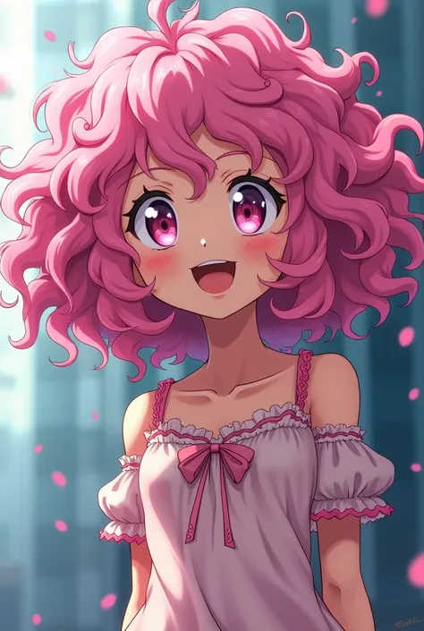 A teenage character from Boku no Hero, with pink curly hair, tanned light skin, pinkish blueish lilac eyes, with a sweet smile and a passionate look, a very feminine style