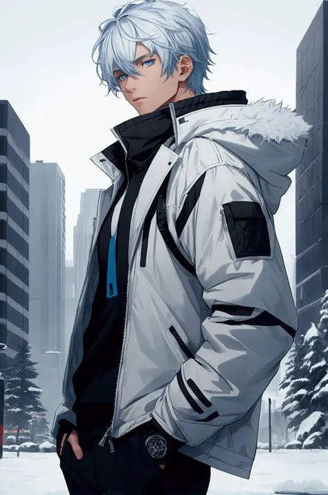 20-year-old male character with a human appearance who is a human. He has white hair styled neatly and icy blue eyes that subtly glow. Standing at 62" with a lean and athletic build, he dresses in a white winter jacket with black fur around the hood he als...