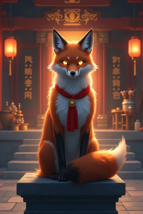 A super-realistic image of a fox sitting regally atop a stone pedestal in front of an ancient shrine. The fox has bright, glowing eyes and wears a red ceremonial bib (よだれかけ) tied around its neck, symbolizing its role as a divine messenger. The background s...