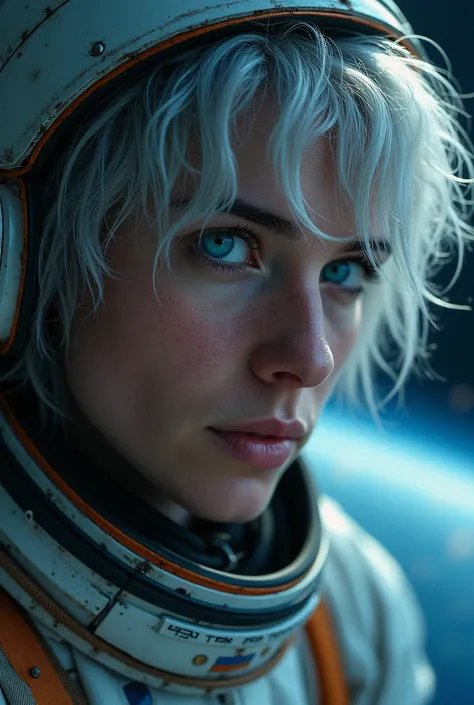 (Close-up of a better masterpiece: 1.5) 0.9], (Space and astronauts: 1.2) (Disheveled silver hair: 1.1) (Heterochromia xanthochromia and blue eyes: 1.2) (space helmet: 1.0