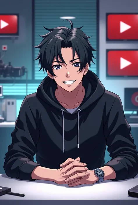 "Create a anime boy who have a  mature looking like a man facing in front  he is a  YouTube content creator, sitting in his studio with futuristic gadgets, and there is mic near him ,wearing black hoodie, smiling, and there is 2 posters of naruto in his ro...