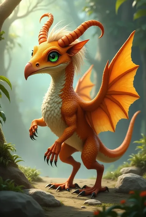 Green eye color,medium wing shape
Orange skin color,short tail, pointed nose, medium antenna, oblong face shape, curved horn shape, short legs, elongated body shape, curly hair, long and pointed beak shape
