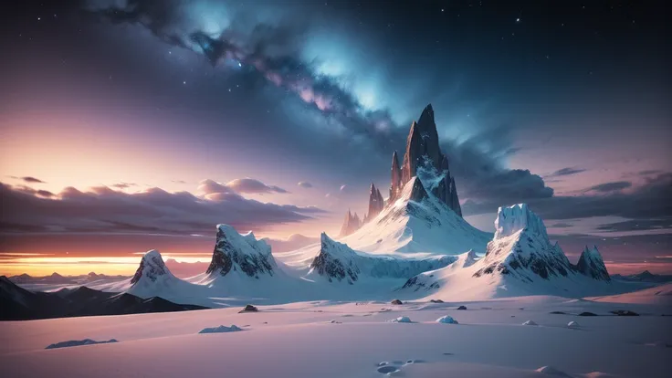 Create a breathtaking frozen tundra scene, showcasing a vast, snow-covered landscape stretching into the horizon. The terrain should feature icy plains and jagged, frost-covered mountains in the distance, with frozen lakes reflecting the soft blue and purp...