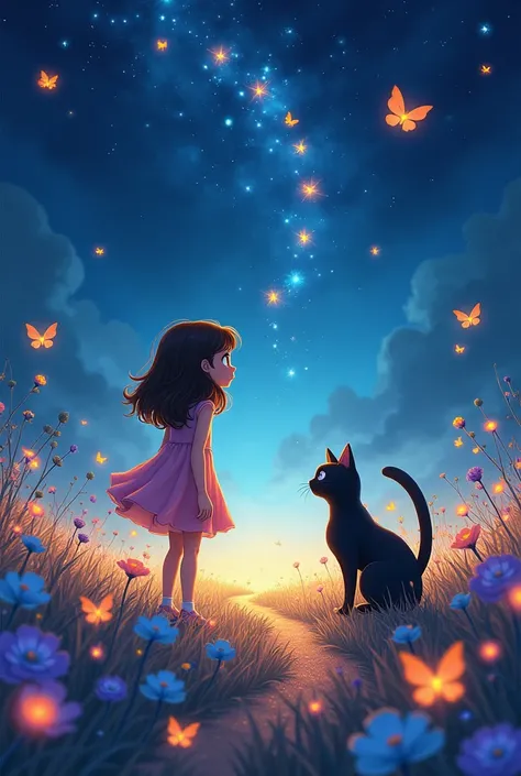 For this scene in the "Dreamland," podrías ilustrar a linda y melody en un campo mágico lleno de flores brillantes que emiten una suave luz bajo una enorme luna plateada que domina el cielo. melody, the little black cat, debe estar de pie al lado de linda,...