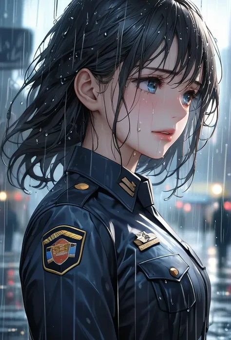 Upper body close-up（((masterpiece), on)"An illustration of a policewoman standing in the rain, with a focus on her facial expression. Depict her with wet hair and skin glistening under the rain, capturing the delicate details. Her eyes reflect a distant me...