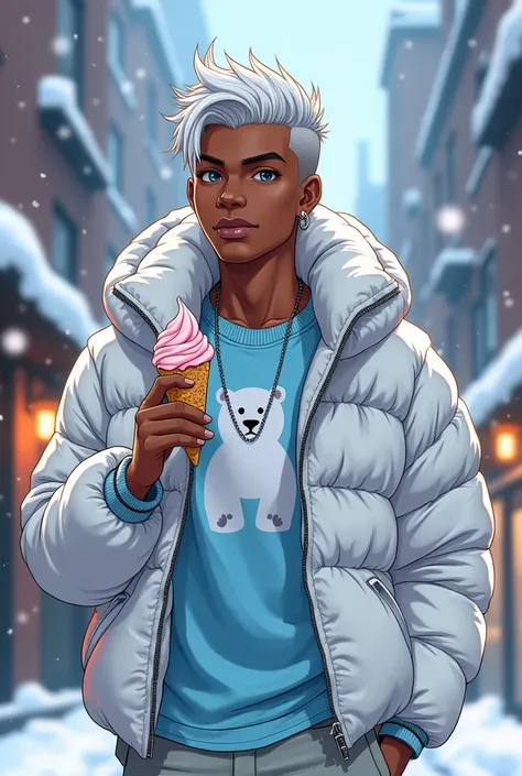 I want a handsome black male teenager in anime style he has beautiful white hair that is slicked back and shaved on both sides he has beautiful black eyes he is wearing a white winter jacket a light blue shirt with a drawing of a polar bear he is eating an...