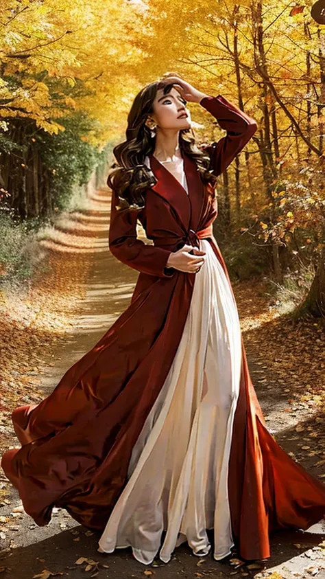 A stunning woman in a long, burgundy gown, her hair flowing in the autumn wind as she walks through a forest of orange and yellow trees. Her graceful movement and the earthy tones of her surroundings create a sense of mystery and sensuality.