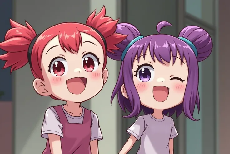 The 2 girls are happy with Red Hair, Twintails, and Purple Hair, twin drills.