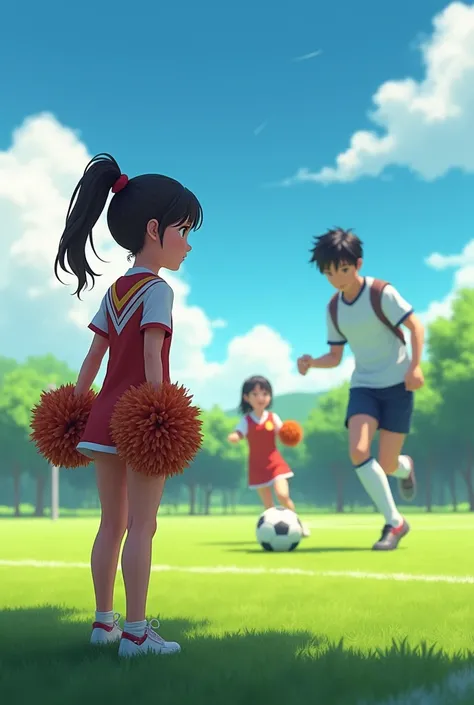 A girl in a cheerleader uniform looking at a boy who is playing soccer